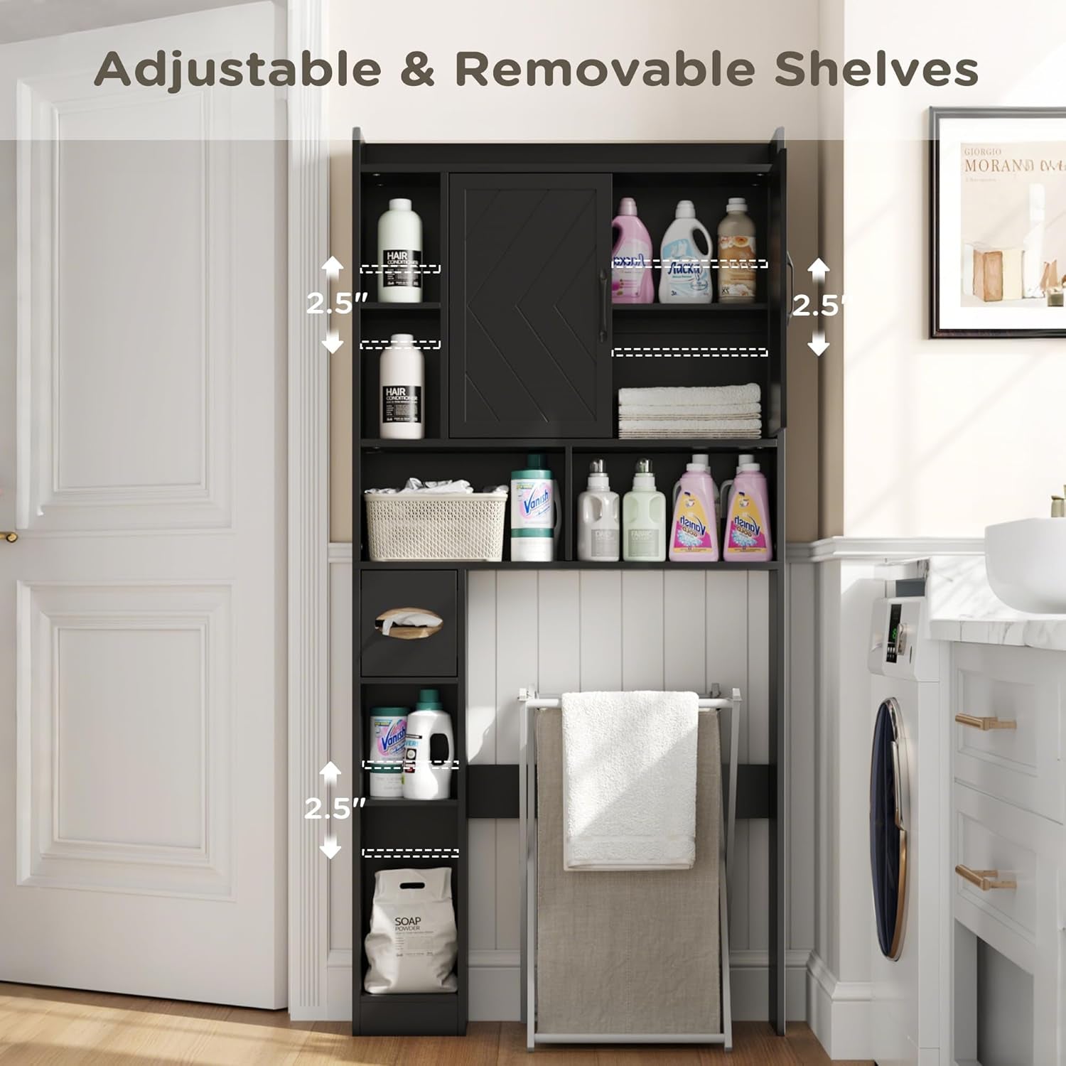 67.8" H over the Toilet Storage Cabinet with Adjustable Shelves & Toilet Paper Holder, Farmhouse over Toilet Bathroom Organizer, Double Door Toilet Cabinet for Bathroom, and Laundry, Black