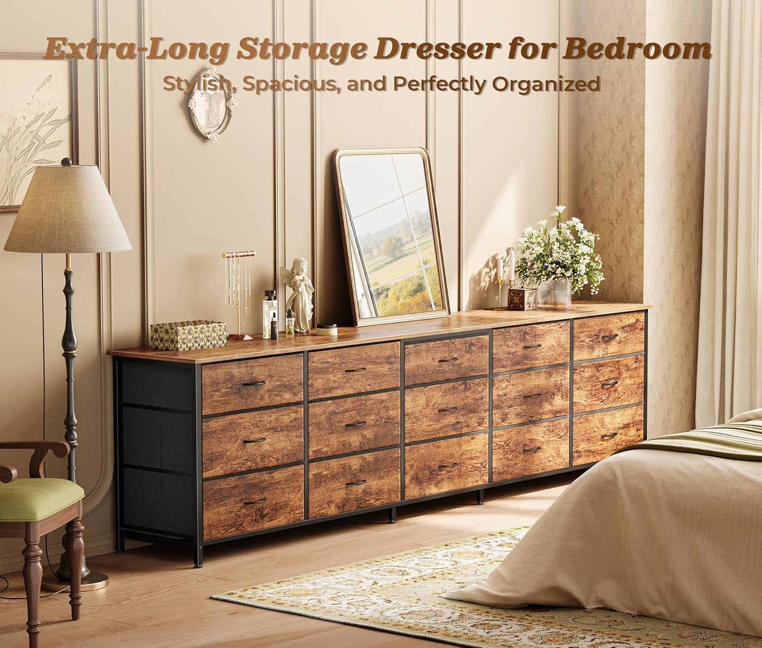 78.7 Inch Long Dresser for Bedroom, 15 Drawer Fabric Dresser for Closet, Large TV Stand for 65, 75, 85 Inch TV, Wide Chest of Drawer with Storage, 78.7" W X 12.9" D X 26.7" H, Rustic Brown