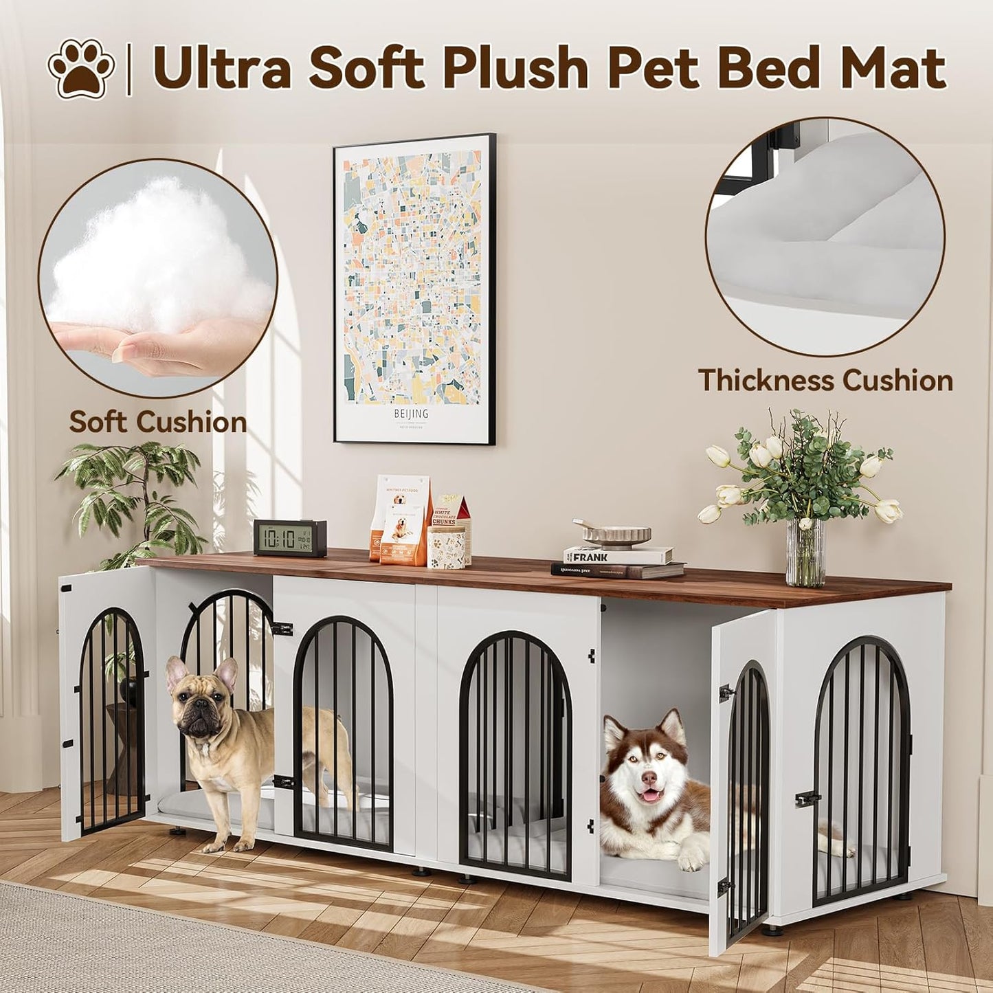 Dog Crate Furniture for 2 Dogs, 71" Dog Kennel Indoor with Cushions, XXL Wooden Dog Crates TV Stand with Removable Divider, Large Double Dog Crate End Table