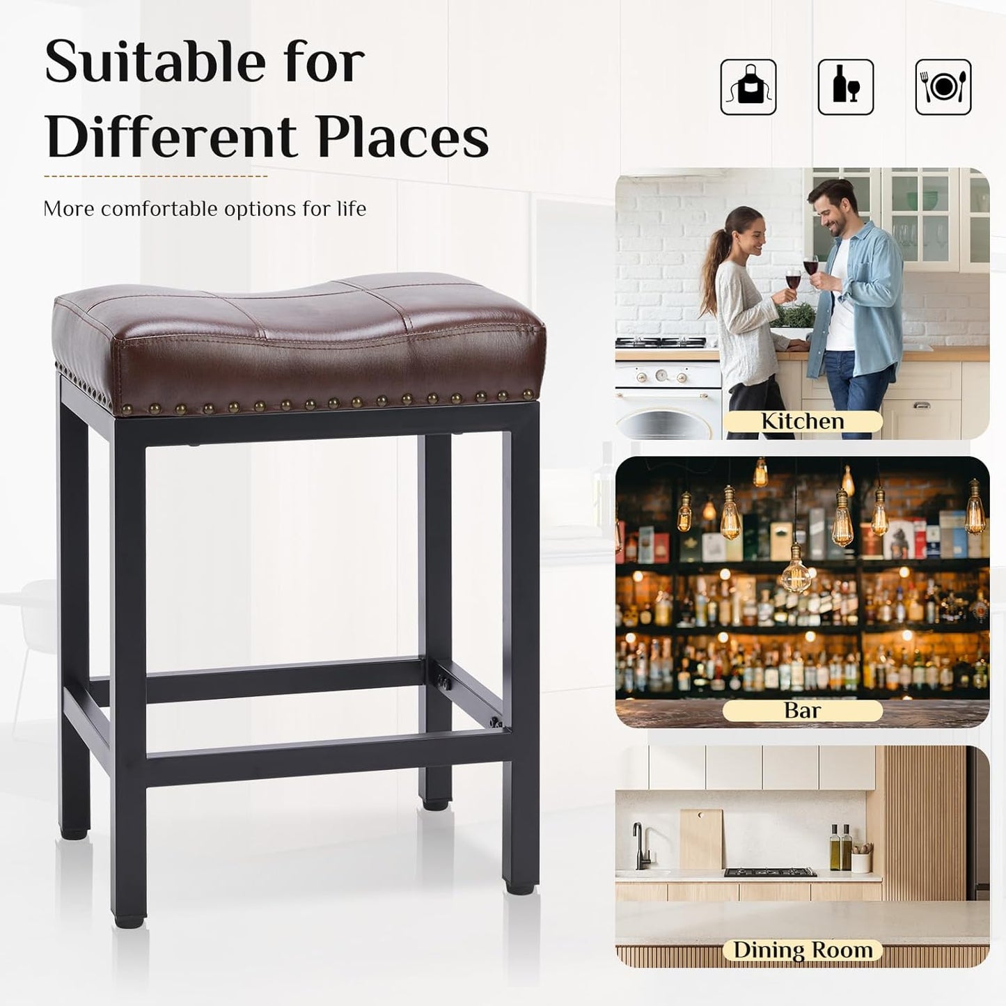 Bar Stools Set of 2, 24 Inch Counter Height Stools, PU Leather Upholstered Bar Chairs with Footrest, Modern Bar Stools for Kitchen Island, Dining, Living Room, Brown