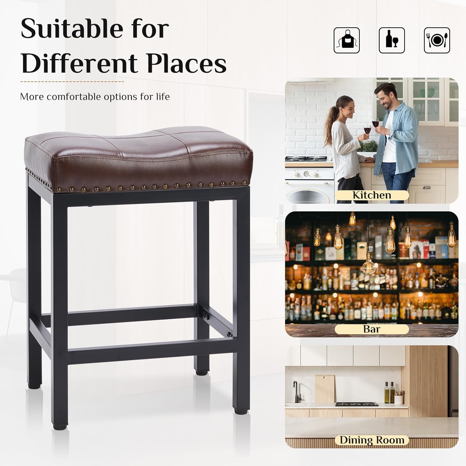 Bar Stools Set of 2, 24 Inch Counter Height Stools, PU Leather Upholstered Bar Chairs with Footrest, Modern Bar Stools for Kitchen Island, Dining, Living Room, Brown