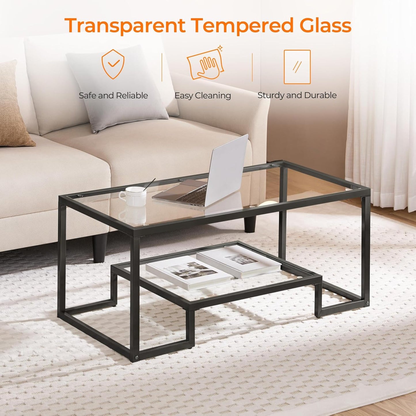 Coffee Table, Tempered Glass Coffee Table, Modern Simple Center Tables W/Geometric-Inspired Design & Metal-Frame & Easy Assembly & Open Storage Shelf for Living Room, Office, Black