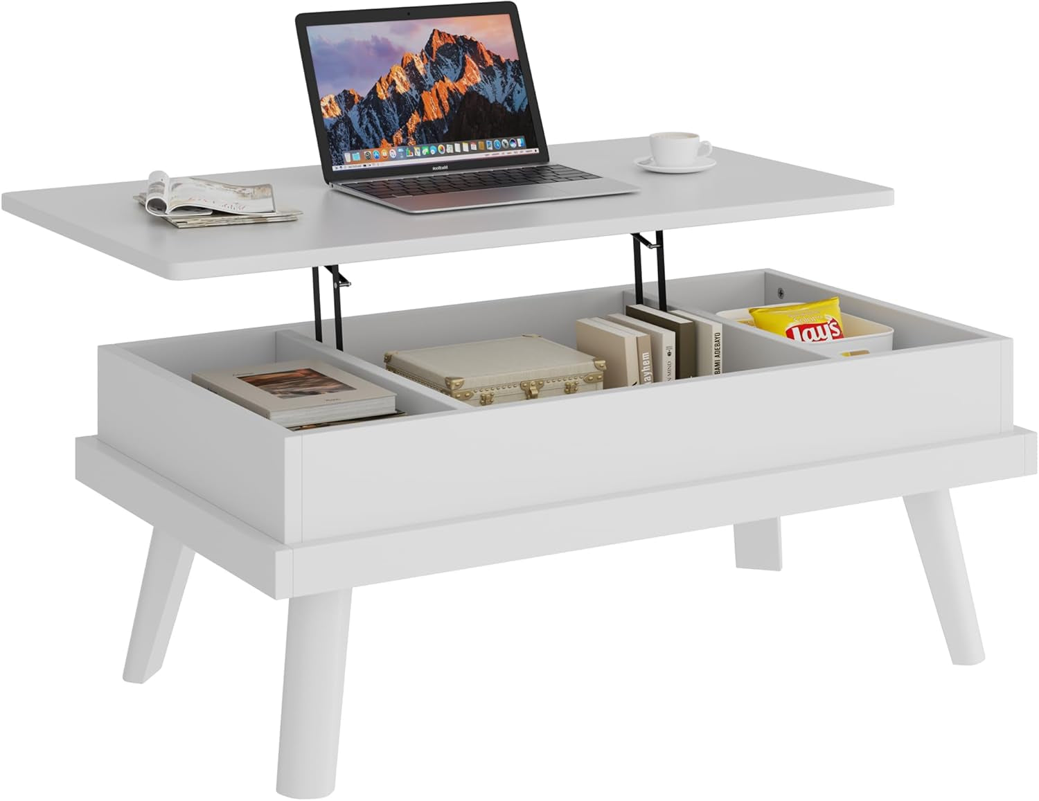 Coffee Table, Lift Top Coffee Table with Hidden Compartment, Rising Tabletop Dining Table, Lift Top Coffee Center Table for for Living Room, Office, Home (White)