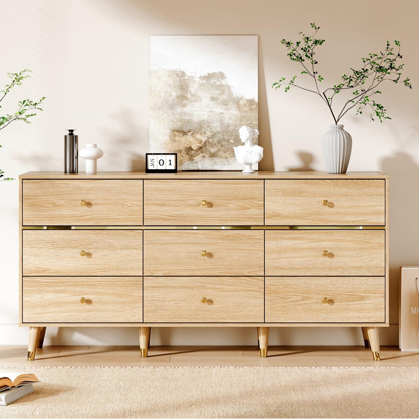 9 Drawer Dresser,63" Wide Mid Century Modern Chest of Drawers,Wooden Bedroom Drawer Dresser with 9 Storage Drawers for Bedroom, Living Room,With Anti-Tipping Device,Natural