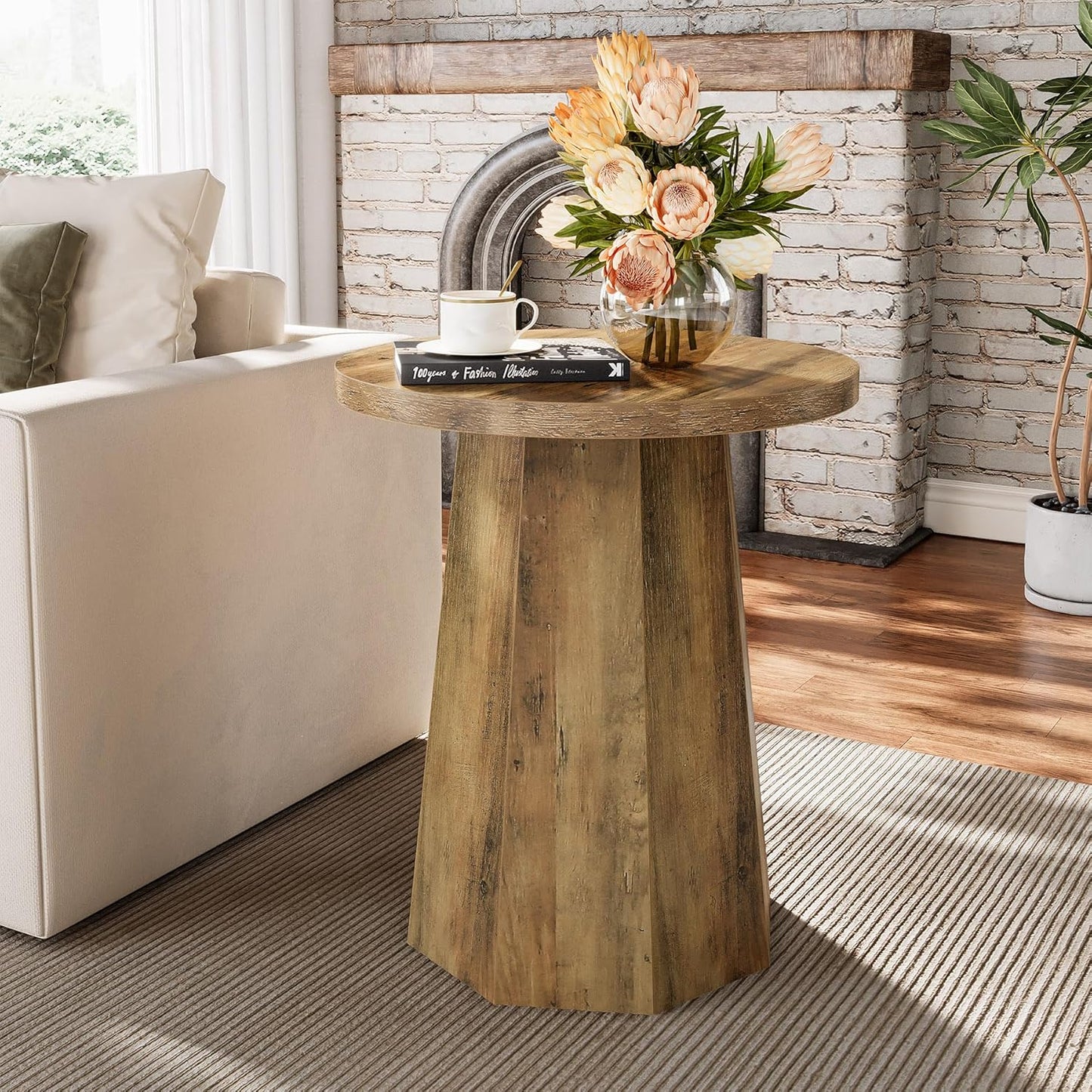 round Pedestal End Table, Farmhouse Couch Side Table with Octagonal Base, Wooden Drink Stand Accent Nightstand (1, Rustic Brown)