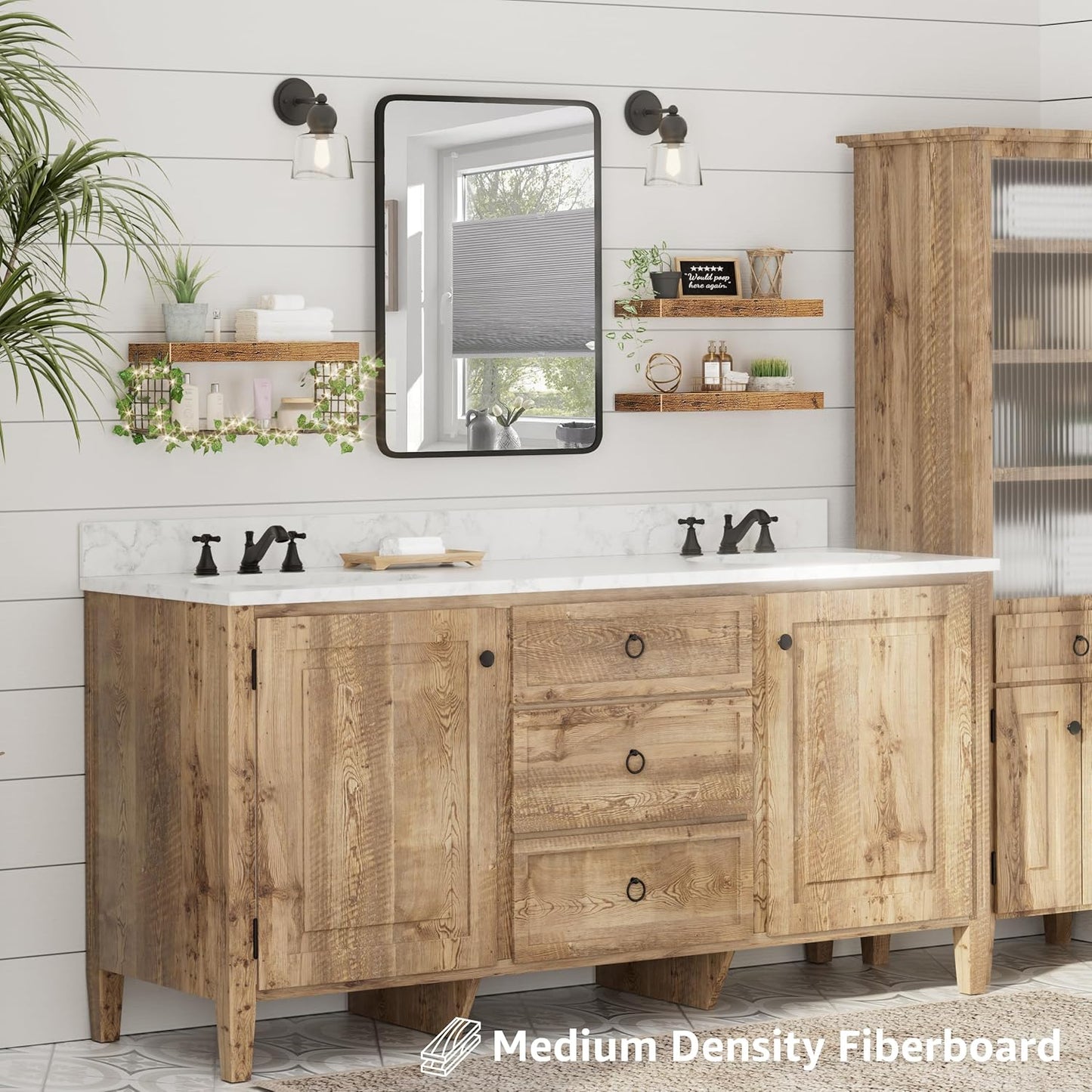 Bathroom Floating Shelves for Wall - Shelf over Toilet Paper Storage with Led Lights and Leaves Farmhouse Decor Small 16 Inch Set of 3, Brown (L019BN3)