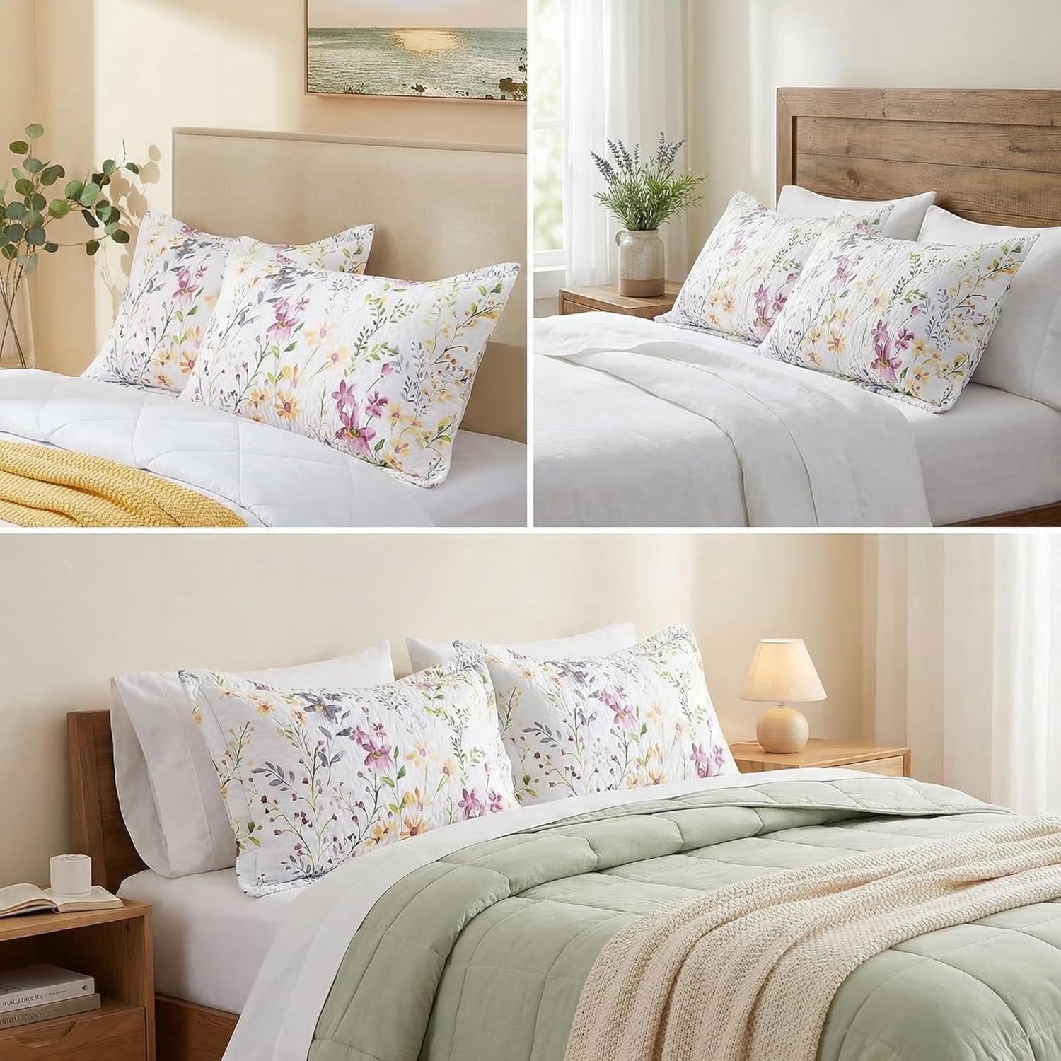 Cotton King Size Pillow Shams Set of 2 (20"X36"), Flowers Printed Pillow Covers Soft Breathable Envelope Closure Quilted Bed Pillows