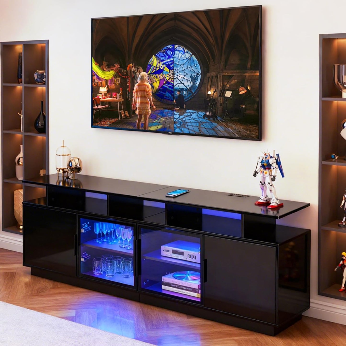 70 Inch Black TV Stand with LED Lights, Power Strips, and USB Charging Station for Mobile Phones, Transparent Glass Door Storage Cabinet, Entertainment Center with Large Storage Space