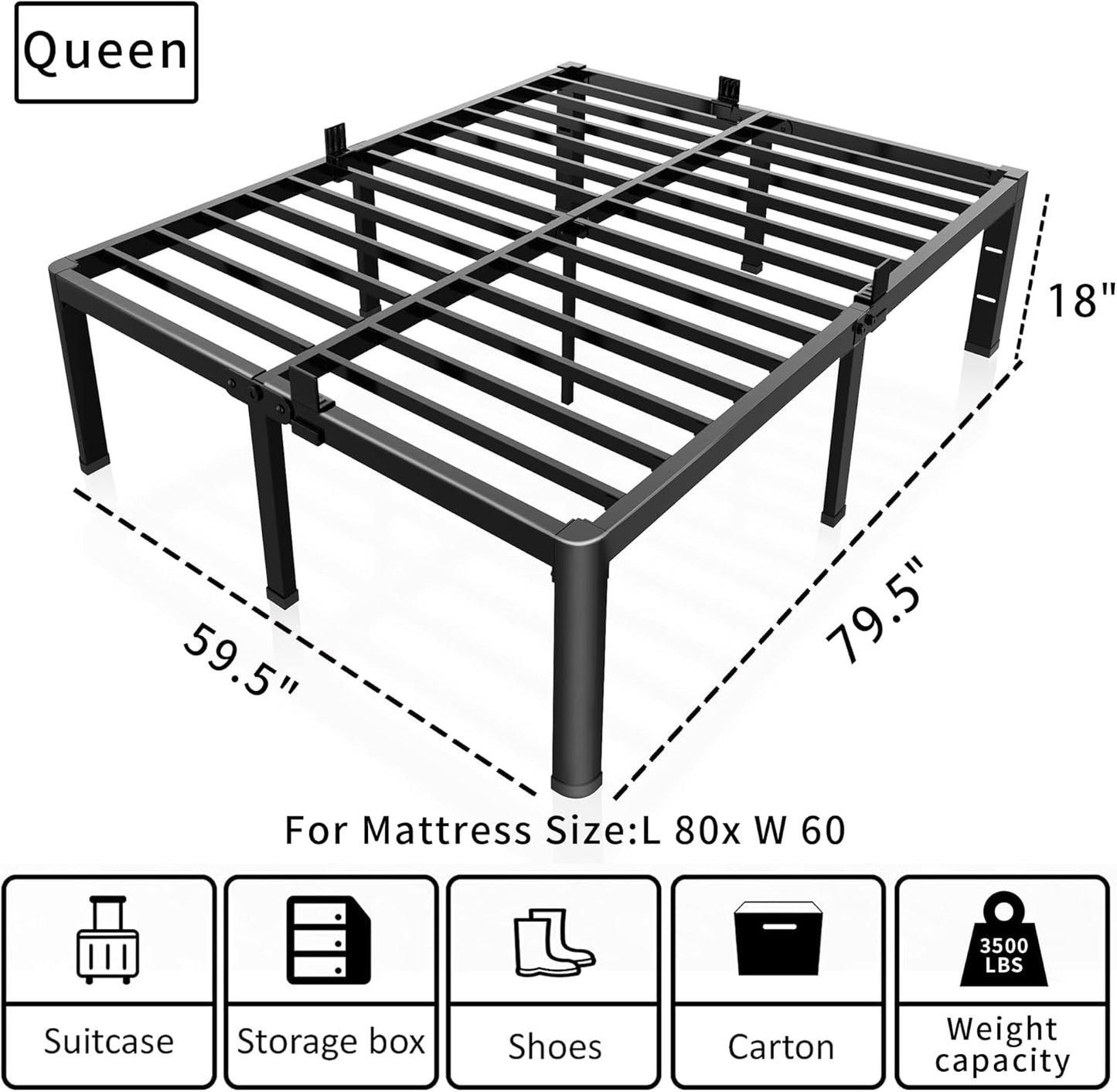 18 Inch Queen Bed Frame with Rounded Corner and Headboard Hole Mattress Retainers 3500LBS Metal Heavy Duty Steel Slats No Box Spring Needed Platform Noise-Free Easy Assembly