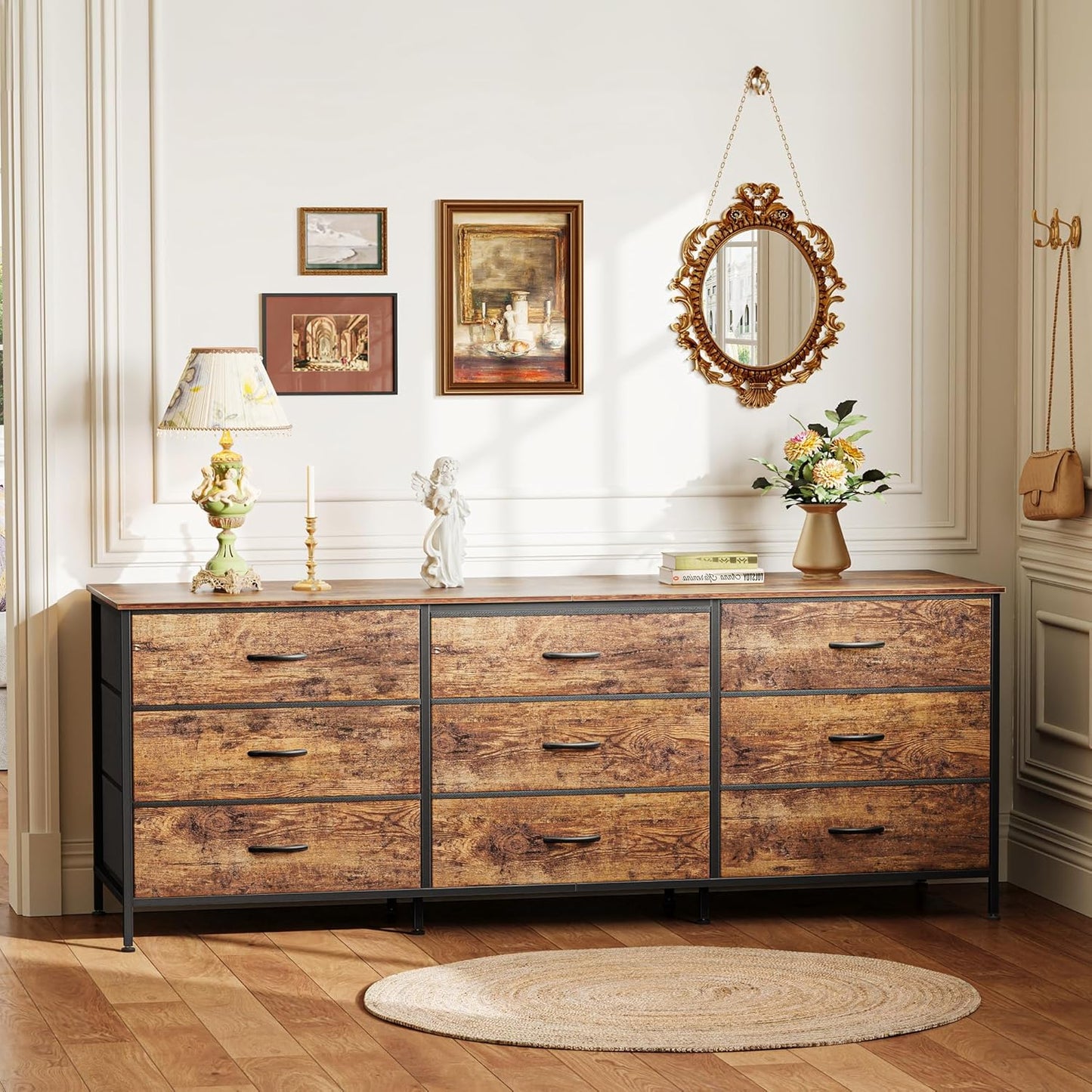 63 Inch Dresser for Bedroom, Dresser for Closet with 9 Drawers, Large TV Stand for 55, 65, 70 Inch TV, Entertainment Center with Storage, Wide Long Chest of Drawers, Rustic Brown