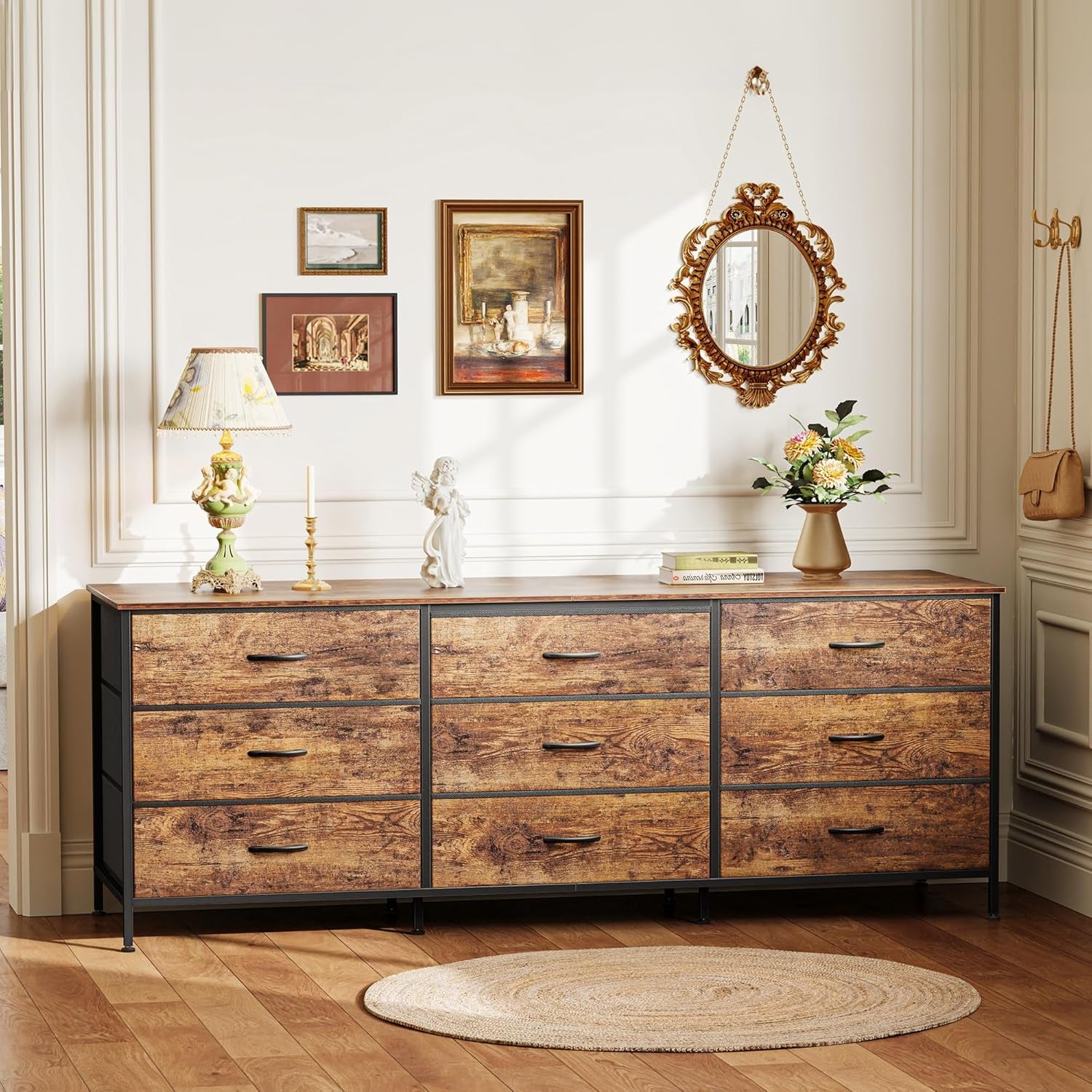 63 Inch Dresser for Bedroom, Dresser for Closet with 9 Drawers, Large TV Stand for 55, 65, 70 Inch TV, Entertainment Center with Storage, Wide Long Chest of Drawers, Rustic Brown