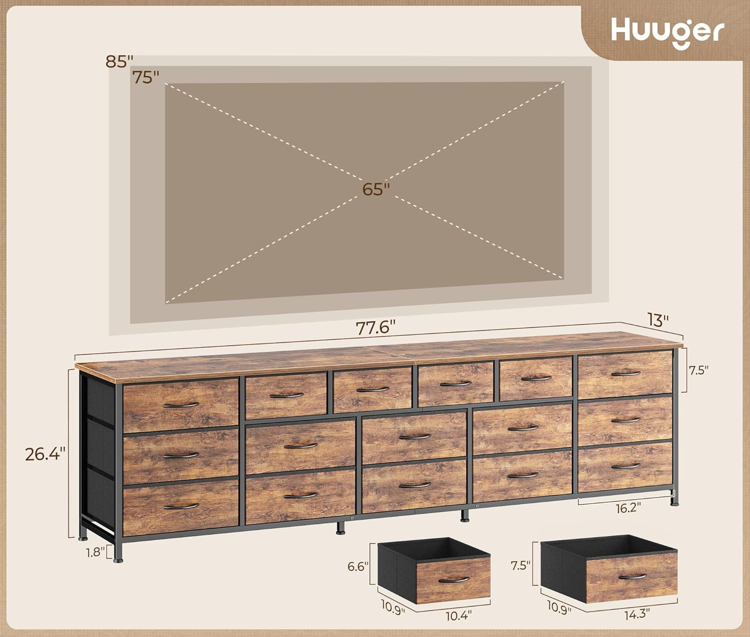 77.6" Long Dresser for Bedroom, 16 Drawer Fabric Dresser for Closet, Wide Chest of Drawers with Storage, TV Stand for 65, 75, 85 Inch TV, 77.6" W X 12.9" D X 26.7" H, Rustic Brown