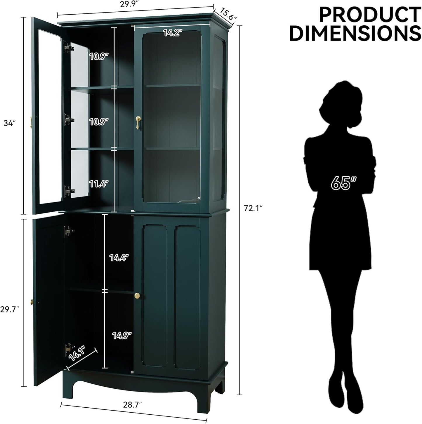 72" Freestanding Kitchen Pantry Storage Sideboard, Classical Tall Cabinet with Glass Door and Adjustable Shelves for Kitchen, Livingroom and Dining Room, Dark Teal