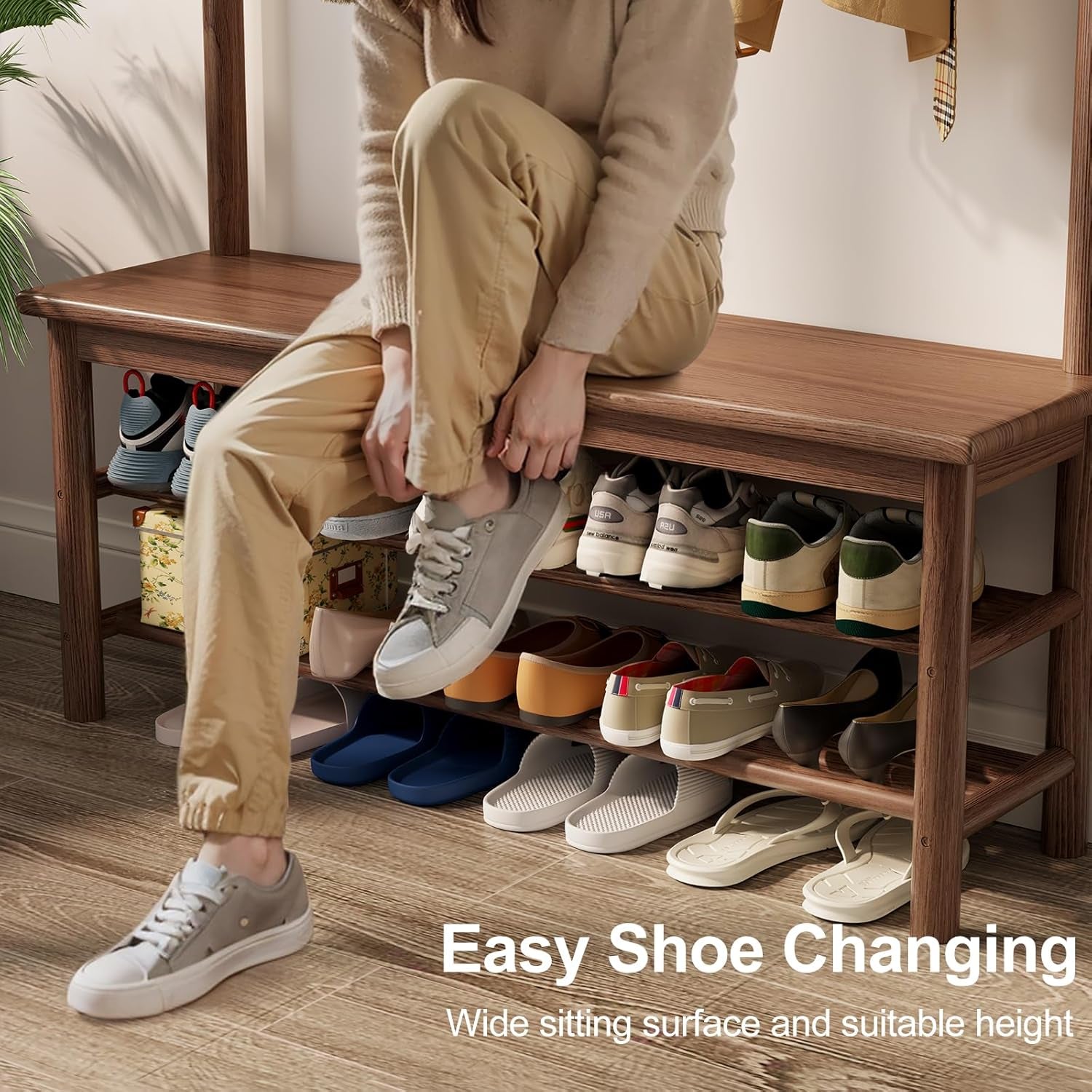 Coat Rack with Shoe Storage, Wooden Hall Tree with Bench, 11 Hooks and 2-Tier Storage Shelves, 3-In-1, Entryway Bench with Coat Rack (39.3"-Walnut)