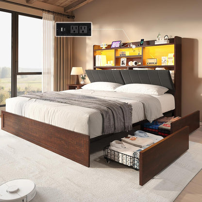 King Farmhouse Bed Frame with Bookcase Headboard and 4 Drawers, LED Storage Bed with Charging Station & Linen Upholstered, No Box Spring Needed, Reclaimed Barnwood