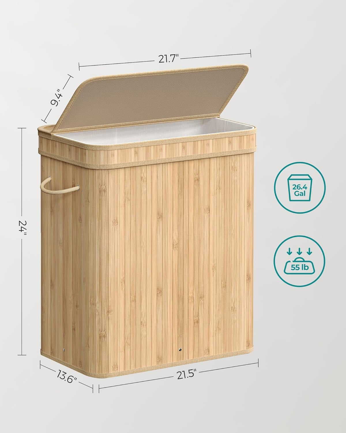 Laundry Hamper with Lid, Bamboo Laundry Basket, Removable Machine Washable Laundry Basket, with Handles, 26.4-Gallons, for Laundry Room, Bedroom, Bathroom, Natural Beige ULCB063N01