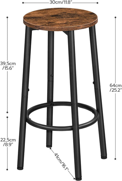 Bar Stools, Set of 2 Bar Chairs, Kitchen round Height Stools with Footrest, Breakfast Bar Stools, Sturdy Steel Frame, for Dining Room, Kitchen, Party, Easy Assembly, Rustic Brown BF03BY01