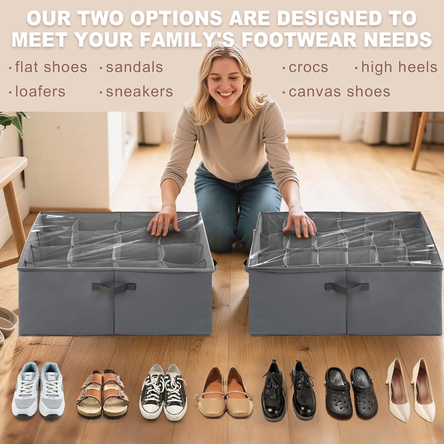 16-Cell Shoe Organizer for Closet (2-Pack) | Large Collapsible Fabric Cube Storage Boxes with Clear Cover | Fits up to 16-32 Pairs Sandals/Sneakers | Space-Saving for Bedroom & Small Spaces