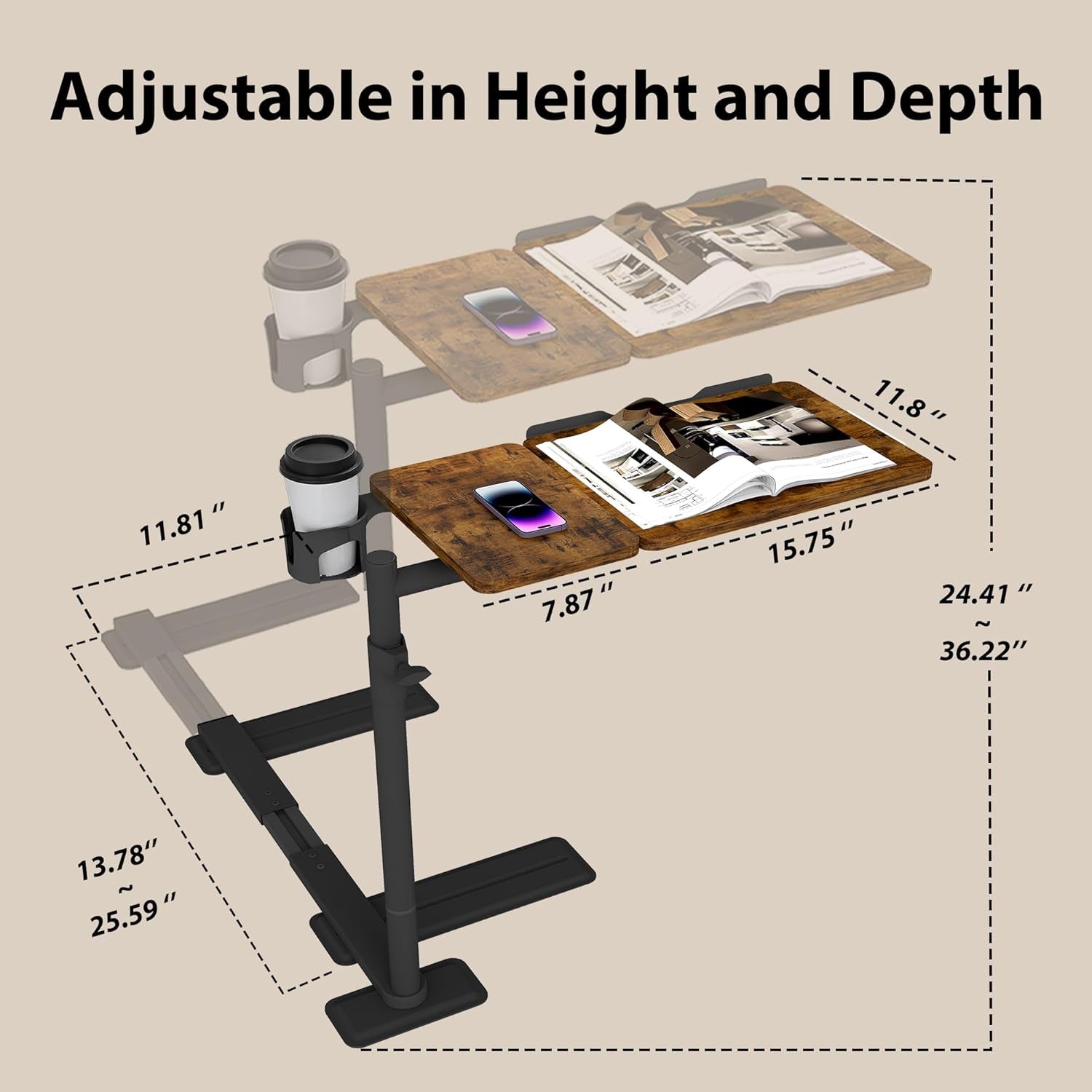 Height Adjustable Overcouch Armrest Table Tray – Tilting Top Swivel Table for Recliner, Sofa, Laptop, Slide under Side Table for Eating, Reading, Snacking, Recovery Use (Rustic Brown)
