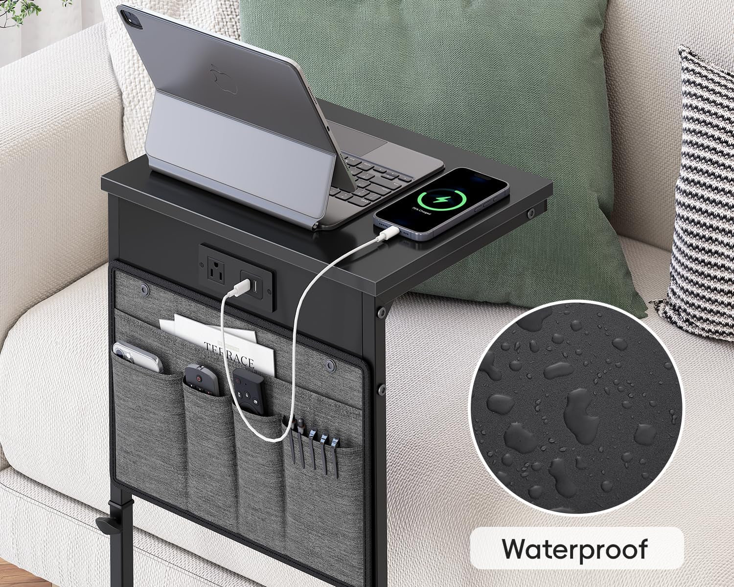 C Shaped End Table with Charging Station, Adjustable Height Side Table for Couch, Small Sofa Table Laptop Couch Desk, Slide under Sofa TV Tray Tall Arm C Tables for Living Room Bedroom, Black
