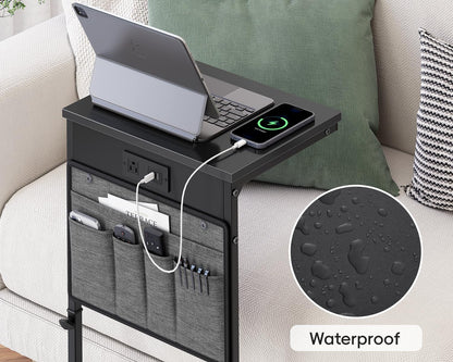 C Shaped End Table with Charging Station, Adjustable Height Side Table for Couch, Small Sofa Table Laptop Couch Desk, Slide under Sofa TV Tray Tall Arm C Tables for Living Room Bedroom, Black