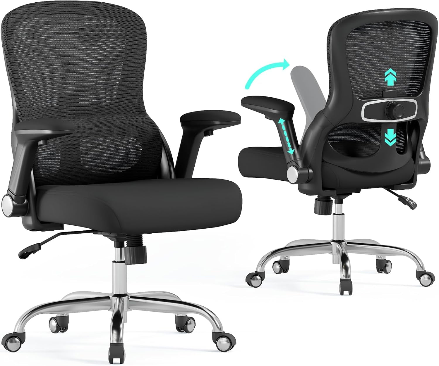Office Chair Ergonomic Desk Chair Comfy: 400LBS Mesh Computer Chair Ergonomic Gaming Chairs with Wheels Adjustable Lumbar Support and Flip up Armrest-Swivel Executive Chairs Long Hours(Black)