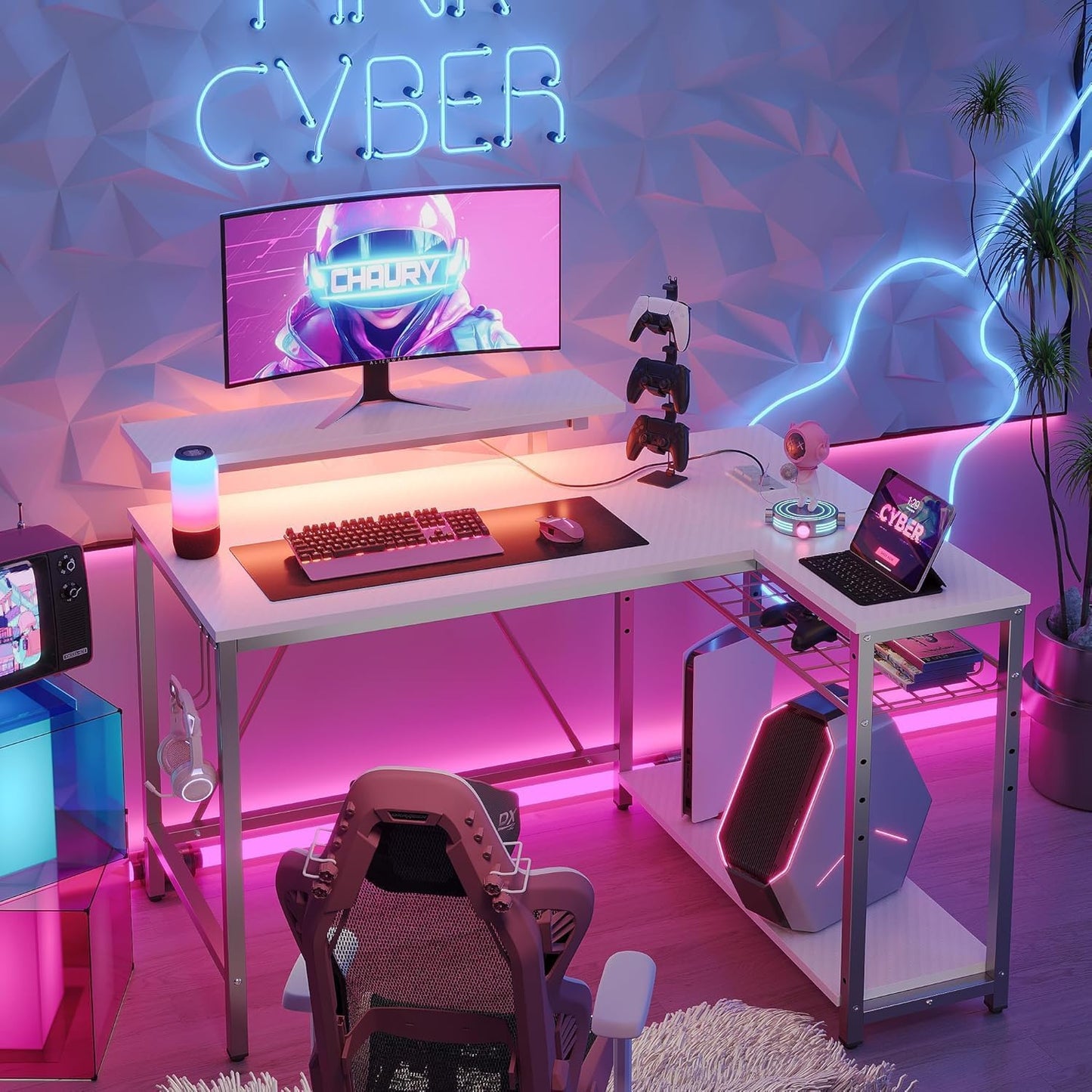 White Computer Desk with Charging Port & LED Strip,42 Inch Modern Gaming Desk with Reversible Storage Shelves,Small L Shaped Desk with Hooks for Home Office