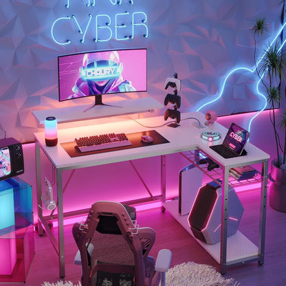 White Computer Desk with Charging Port & LED Strip,42 Inch Modern Gaming Desk with Reversible Storage Shelves,Small L Shaped Desk with Hooks for Home Office