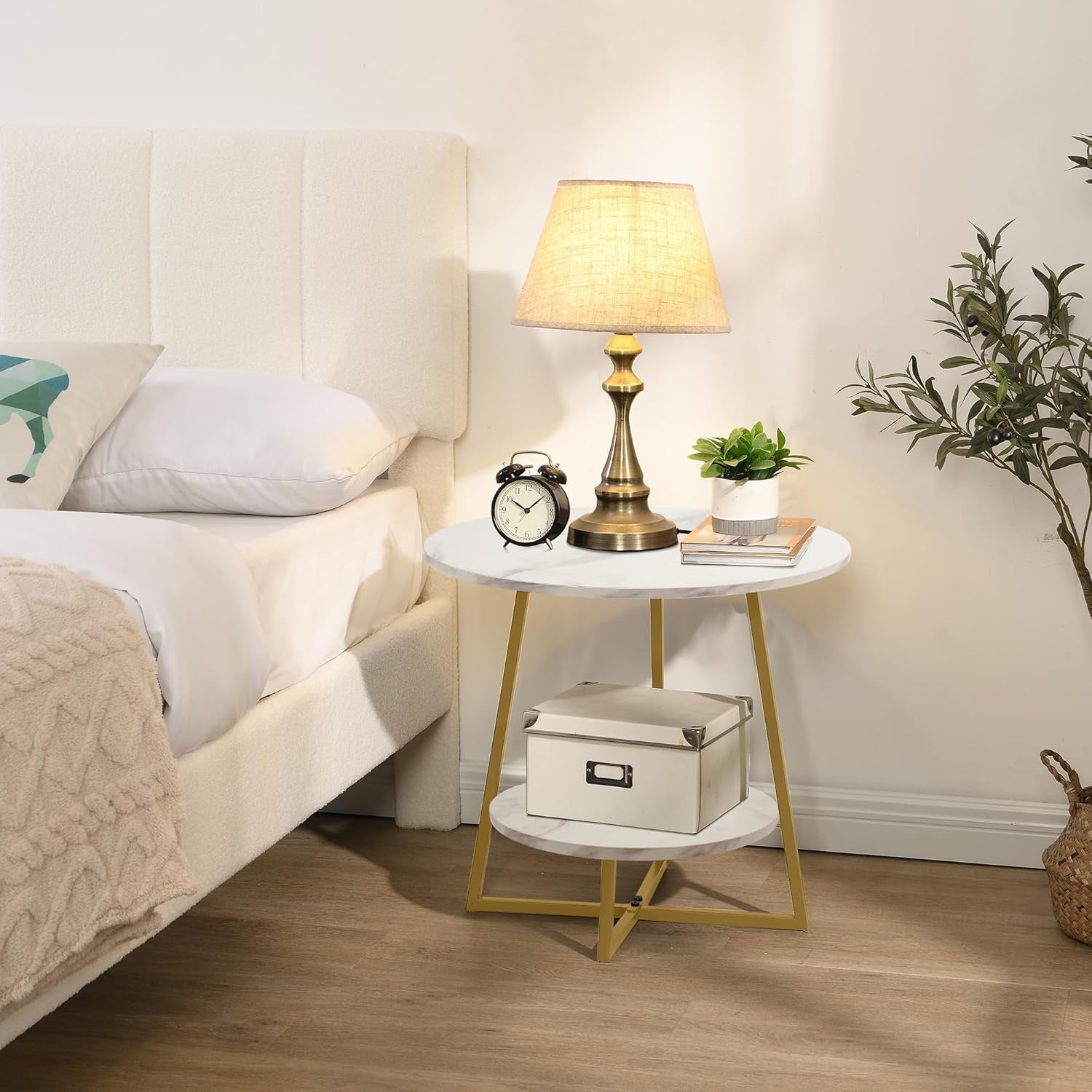 20" Living Room Side Table for Small Spaces, 2 Tier Wood Top round End Tables with Storage Shelf, Accent Sofa Table for Bedroom, Office, Sunroom, Balcony, White Faux Marble/Gold