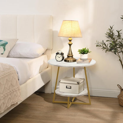 20" Living Room Side Table for Small Spaces, 2 Tier Wood Top round End Tables with Storage Shelf, Accent Sofa Table for Bedroom, Office, Sunroom, Balcony, White Faux Marble/Gold