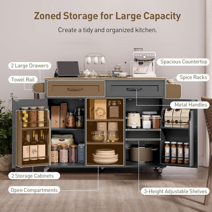Kitchen Island with Power Outlets & Drop Leaf, Kitchen Cart with Storage, Drawer and Spice Rack, Tower Rack, Island Table, Black and Rustic Brown