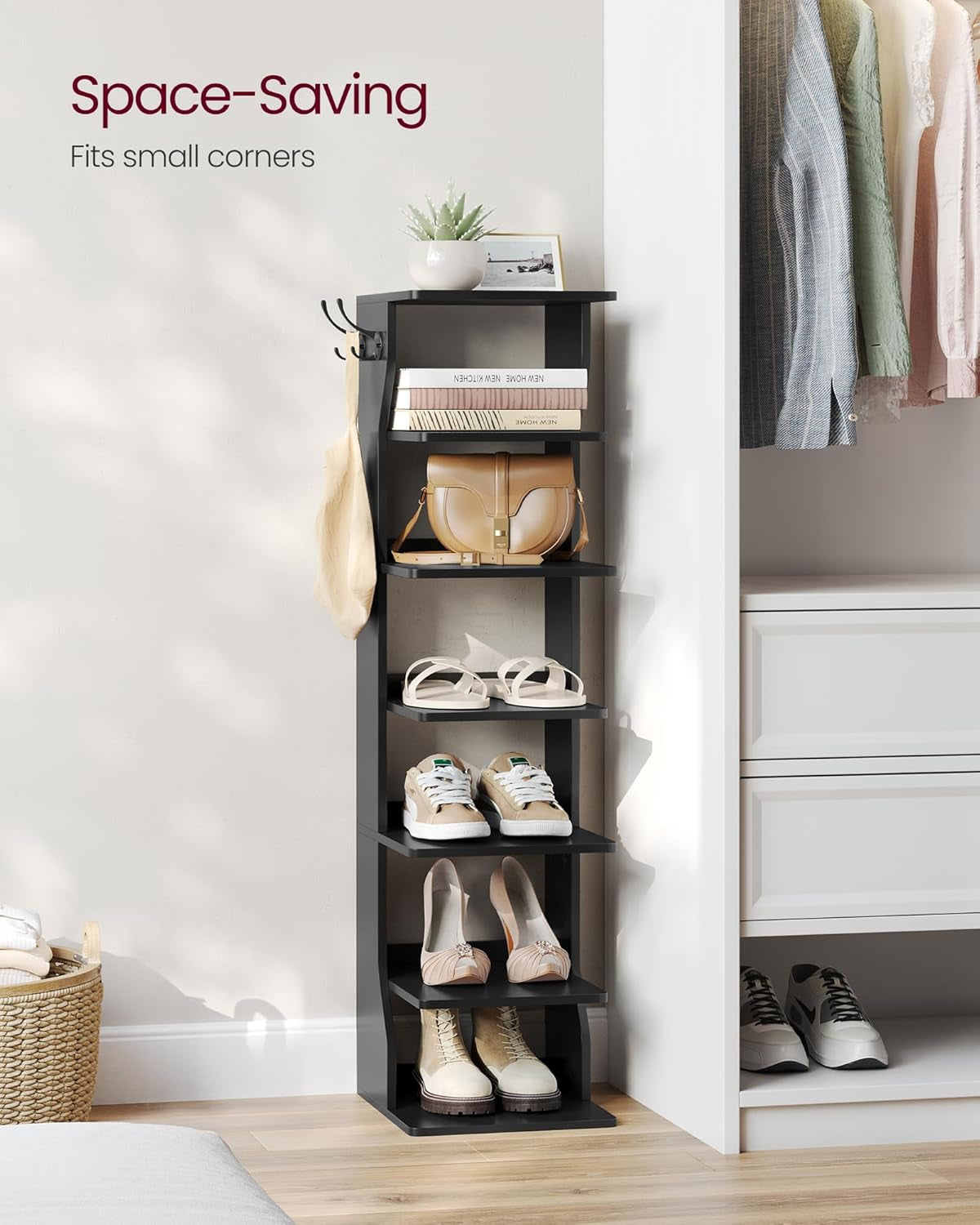 7-Tier Vertical Shoe Rack, Narrow Shoe Storage Organizer with Hooks, Slim Corner Shoe Tower Rack, Space Saving for Entryway and Bedroom, Black ULBS200T16