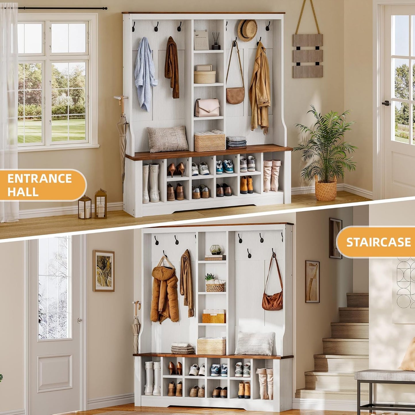 59" Wide Hall Tree with Bench and Storage for Hallway Entryway, 10 Shoe Cubbies & 10 Coat Hooks, 4-Tier of Center Storage Open Cabinets, Coat Rack with Space for Bedroom Living Room (White)