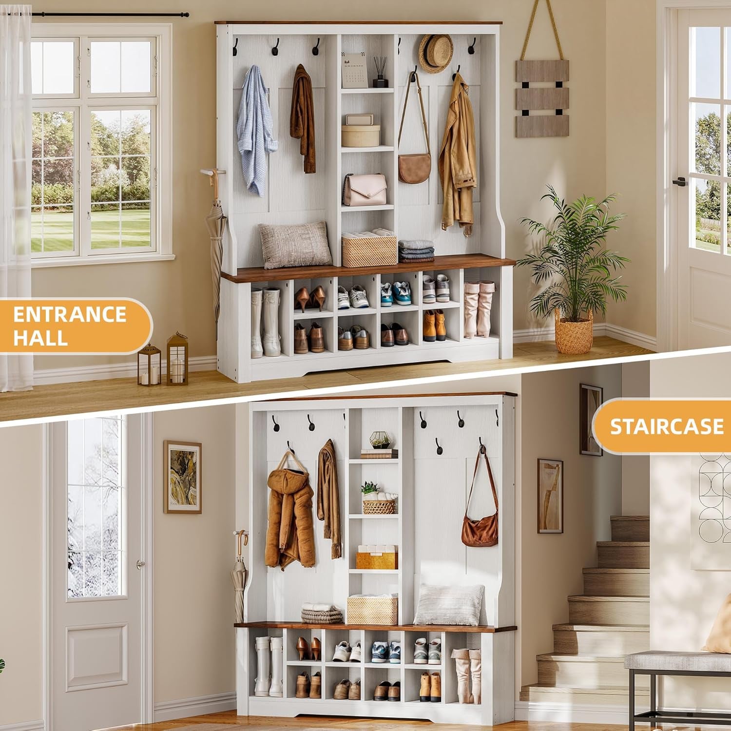 59" Wide Hall Tree with Bench and Storage for Hallway Entryway, 10 Shoe Cubbies & 10 Coat Hooks, 4-Tier of Center Storage Open Cabinets, Coat Rack with Space for Bedroom Living Room (White)