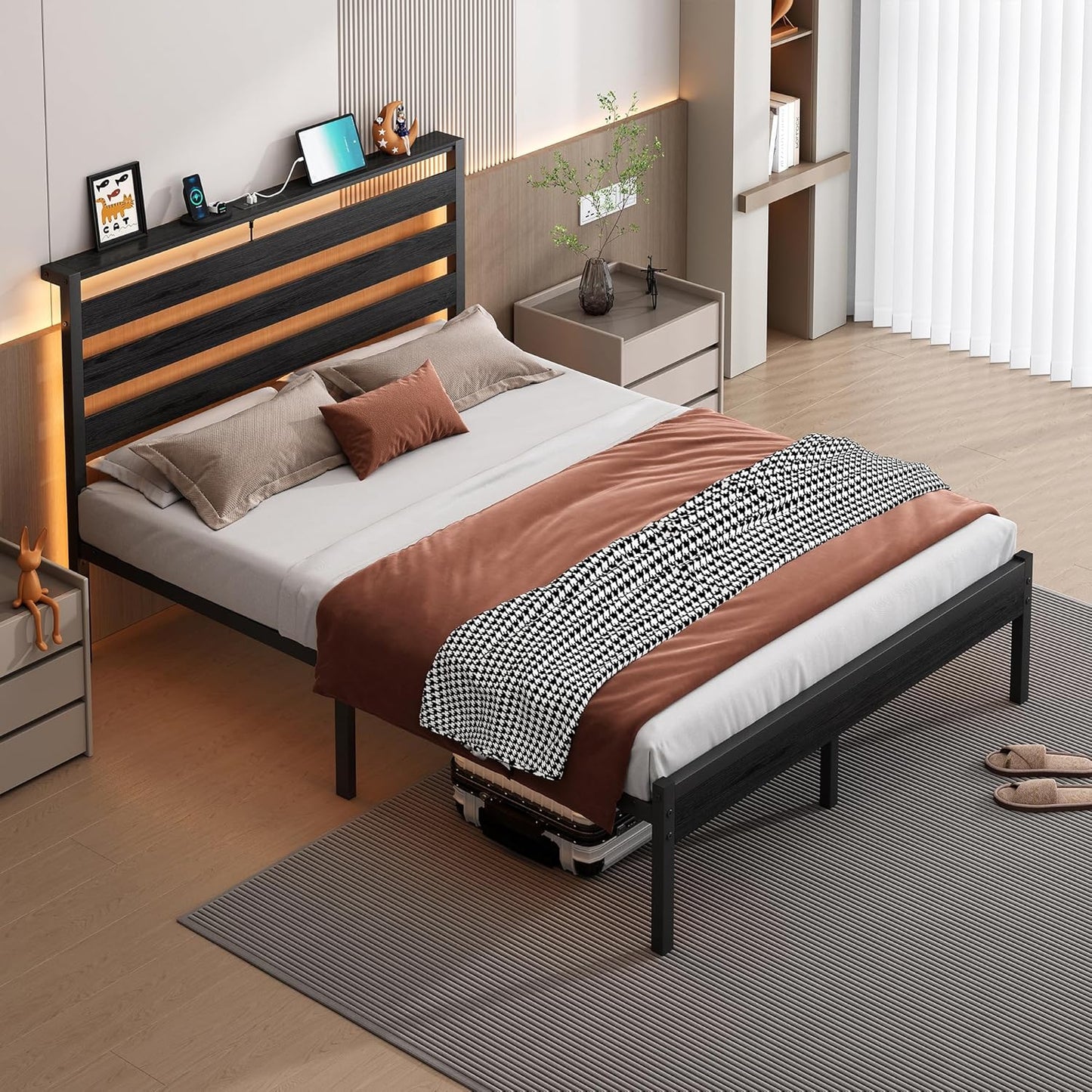 14 Inch Classic Metal Platform Bed Frame-Full Size Bed Frame with Headboard,Steel Slats Support-Led Bed Frame with USB Charging Station,Under Bed Storage,No Box Spring Needed,Noise Free