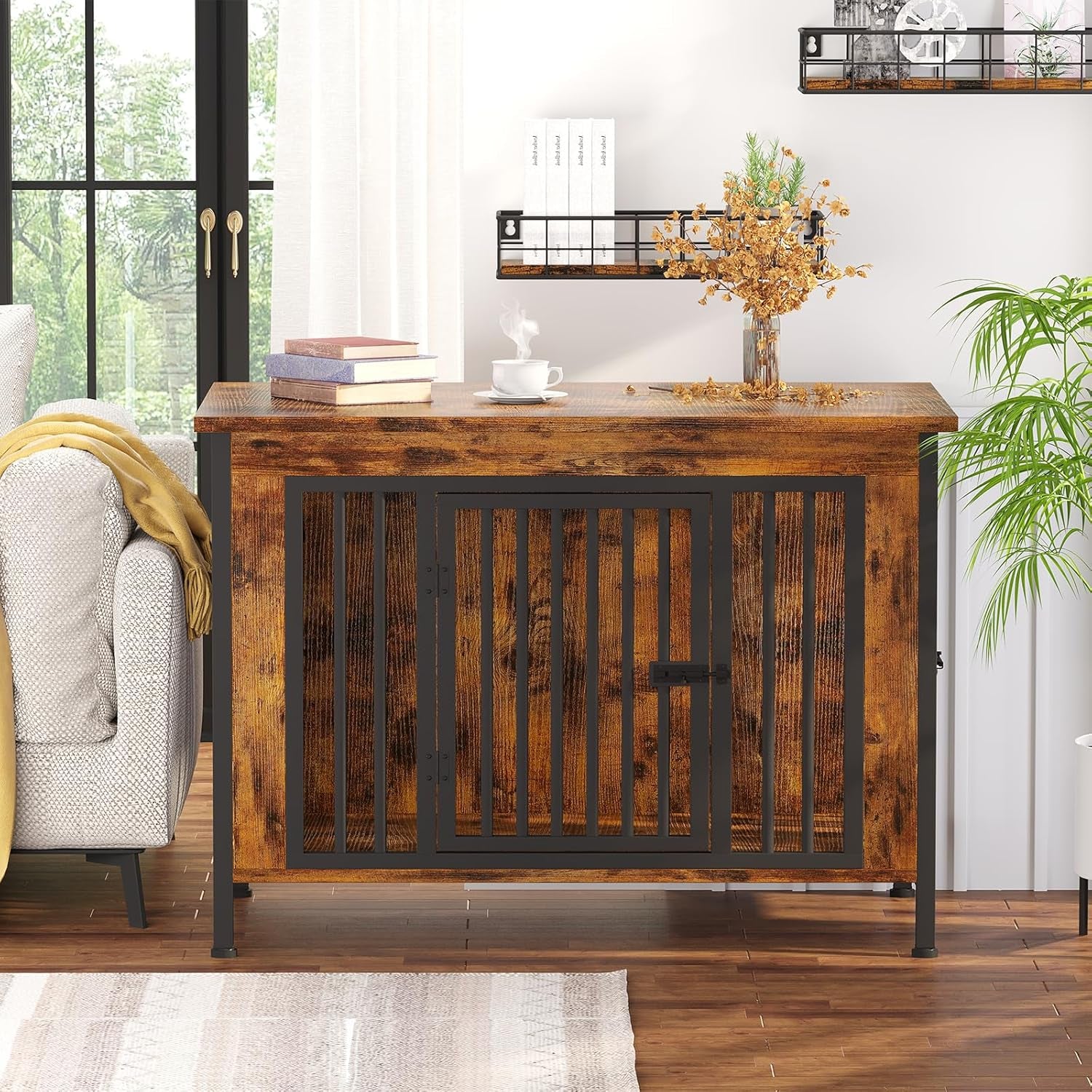 Dog Crate Furniture for 1 or 2 Dogs, Heavy Duty Single/Double Dog Crates for Small/Medium/Large Dogs, Dog Kennel Furniture Indoor as TV Stand, Large Size 39.96" L(35-60 Pounds), Brown