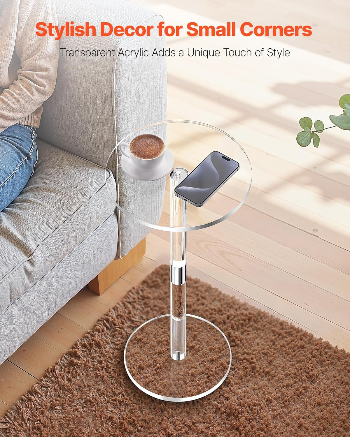 Acrylic Drink Table, Small round Side Table with Solid Post, Modern Clear End Table Transparent Cake Desk for Coffee, Cocktail, Dessert, Snack, Living Room, Bedroom, Bathroom, Easy Assembly