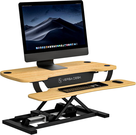 Electric Standing Desk Converter, 36 Inch Powerpro™ Height Adjustable Sit Stand Desktop Riser with Keyboard Tray, Built-In USB Charging Port, Holds 80 Lbs, Push-Button Switch, Maple