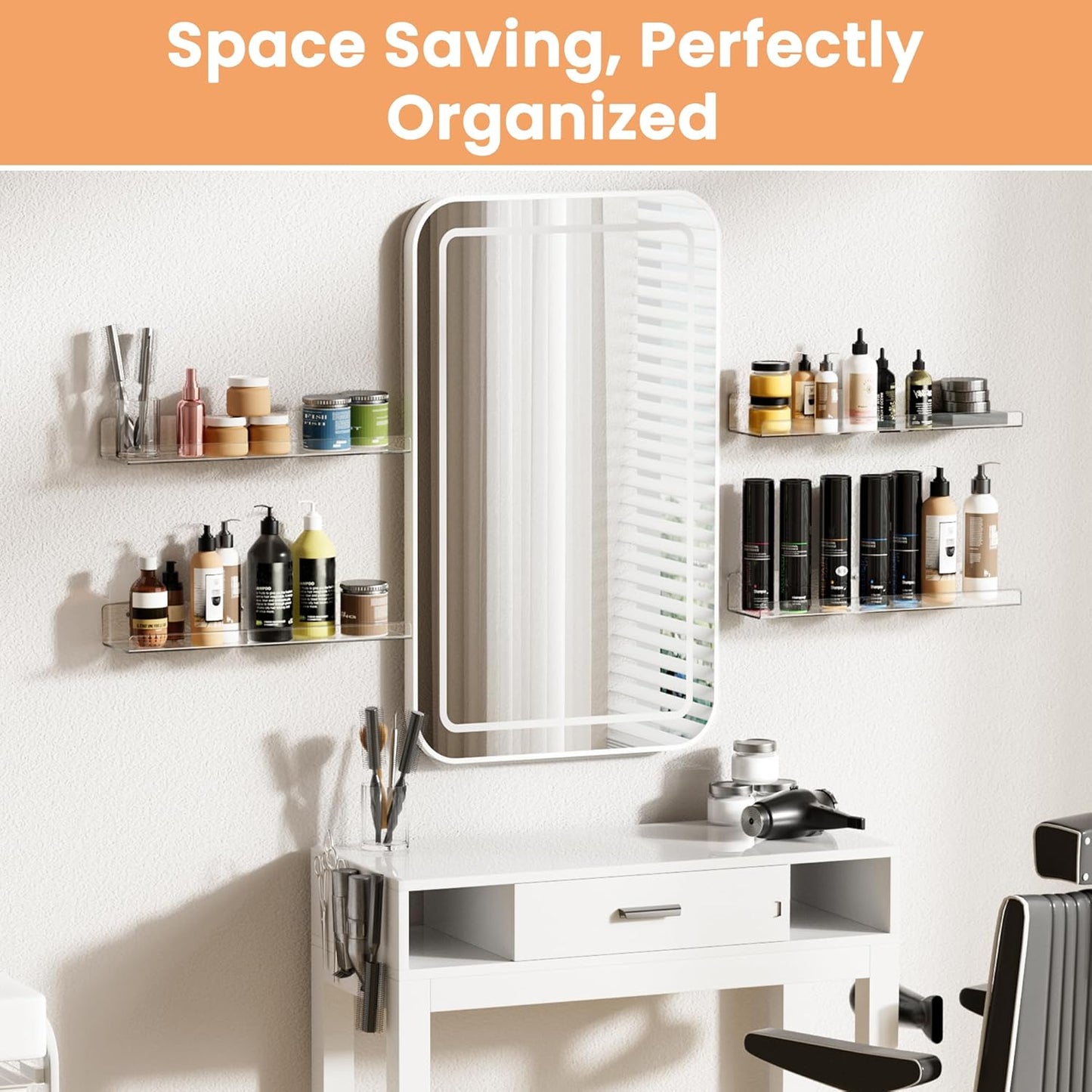 Acrylic Shelves for Bathroom Storage, 15" Floating Shelves Wall Organizer for Perfume, Make Up, Skincare, Kids Bookshelf for Bedroom, Nursery, Living Room Decor, Clear, 4 Pack