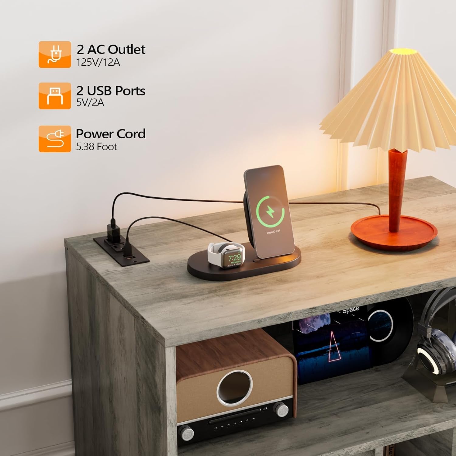 Record Player Stand with Open Vinyl Storage, Mid-Century Album Storage Table with LED Light up to 300 Albums, Vinyl Record Player Shelf with Power Outlet for Living Room, Grey Oak