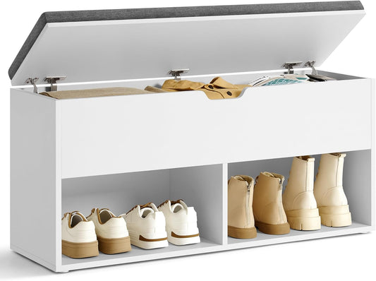 Shoe Storage Bench with Cushion, Entryway Shoe Rack Bench with Storage, 2 Open and 1 Hidden Compartments, for Living Room, Bedroom, White and Gray ULHS021W01