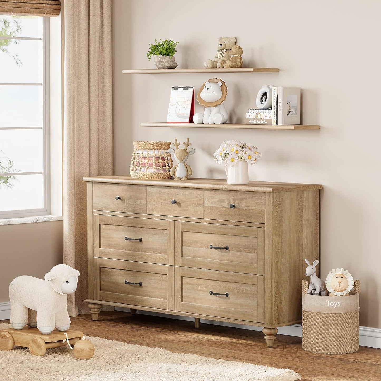 3 Piece Bedroom Set - Includes Farmhouse 7 Drawer Dresser, Set of 2 Bedside Tables with 3 Drawers, 3 Piece Dresser and Nightstand Sets, Oak