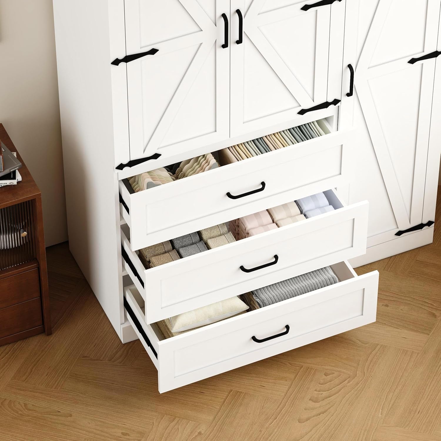 70" Tall Wardrobe Closet with 3 Doors & 3 Drawers, Farmhouse Armoire with Hanging Rod, Wooden Armoire Wardrobe Closet for Bedroom, Freestanding Clothing Storage Cabinet, White