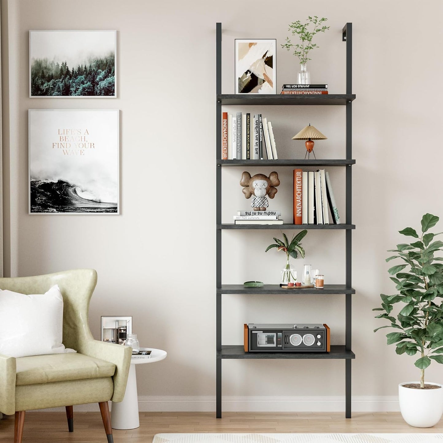 5-Tier Bookshelf Wall Mount Ladder Bookcase Industrial Standing Corner Bookshelf with Wood Board and Metal Frame, Modern Tall Narrow Storage Organizer for Home Office (Black, 1 Piece)