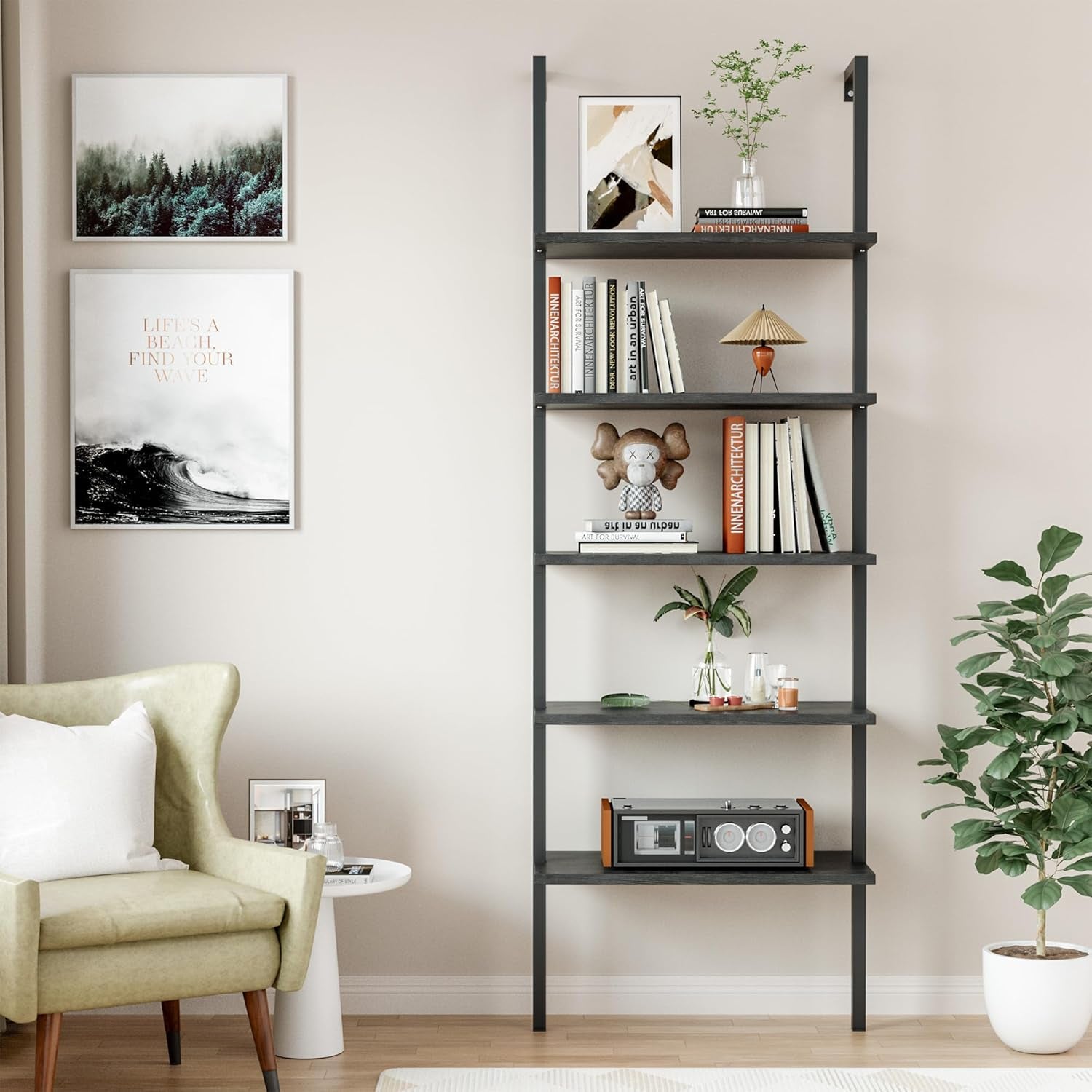 5-Tier Bookshelf Wall Mount Ladder Bookcase Industrial Standing Corner Bookshelf with Wood Board and Metal Frame, Modern Tall Narrow Storage Organizer for Home Office (Black, 1 Piece)