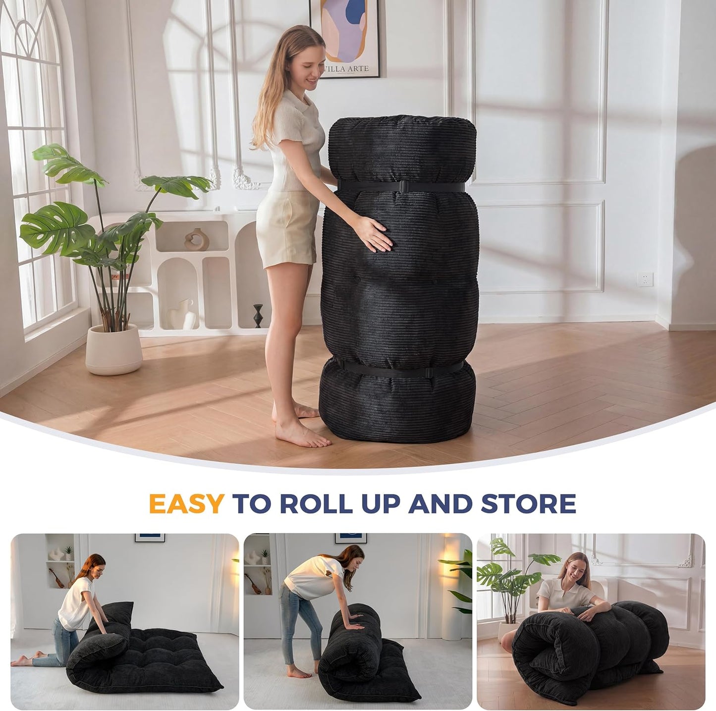 6" Japanese Floor Mattress, Foldable Futon Mattress Full Size, Tufted Roll up Floor Bed, Thick Tatami Mat Sleeping Pad Portable Lounger for Camping Guest Room Dormitory Bedroom RV, Black