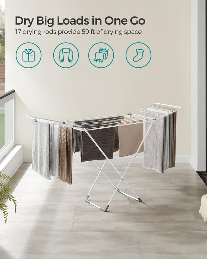 Clothes Drying Rack, Metal Laundry Drying Rack, Foldable, Space-Saving, Free-Standing Airer, with 2 Gullwings, Indoor Outdoor Use, Bed Linen Clothing, White ULLR540W01