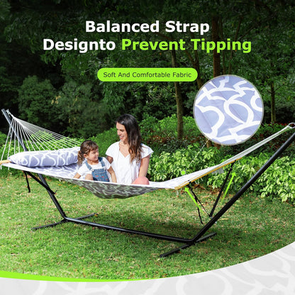 Double Hammock with Stand, Heavy Duty Outdoor Hammock for Two, 500 LBS Capacity, Stable Steel Frame with Balance Strap, Easy Tool-Free Assembly for Patio, Garden, Backyard & Beach,White Grey