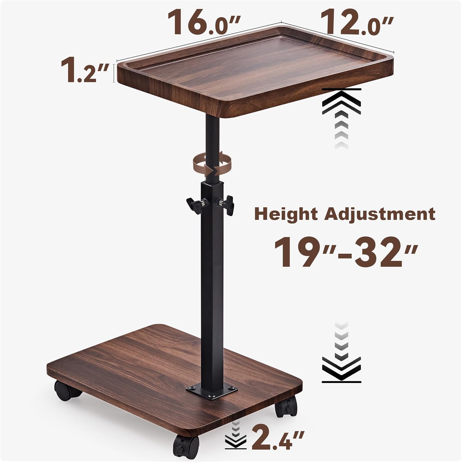 TV Tray Table Sofa Side Table Adjustable Height, 360°Swivel Couch Table for Small Spaces, C Shaped End Tables Living Room and Bedroom for Sofa, Bed, Chair, Snack, Living Room (Walnut Brown)