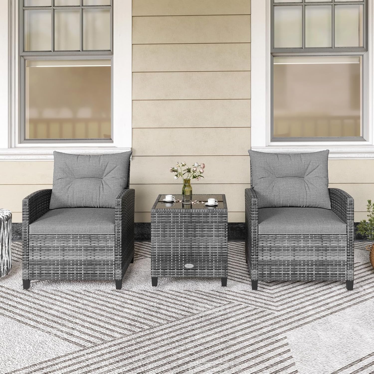 3 Piece Patio Furniture Set, Outdoor PE Rattan Conversation Set with Washable Cushions & Tempered Glass Tabletop, Wicker Chairs and Table Set for Porch, Garden, Balcony (Grey)